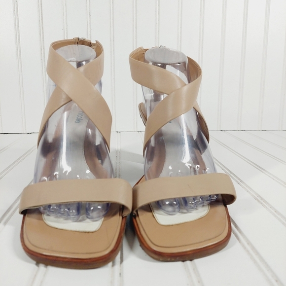 Nicole Fracture Tan Leather Block Wood Heel Back Zipper Strappy Sandals Y2k A674 - Picture 3 of 13